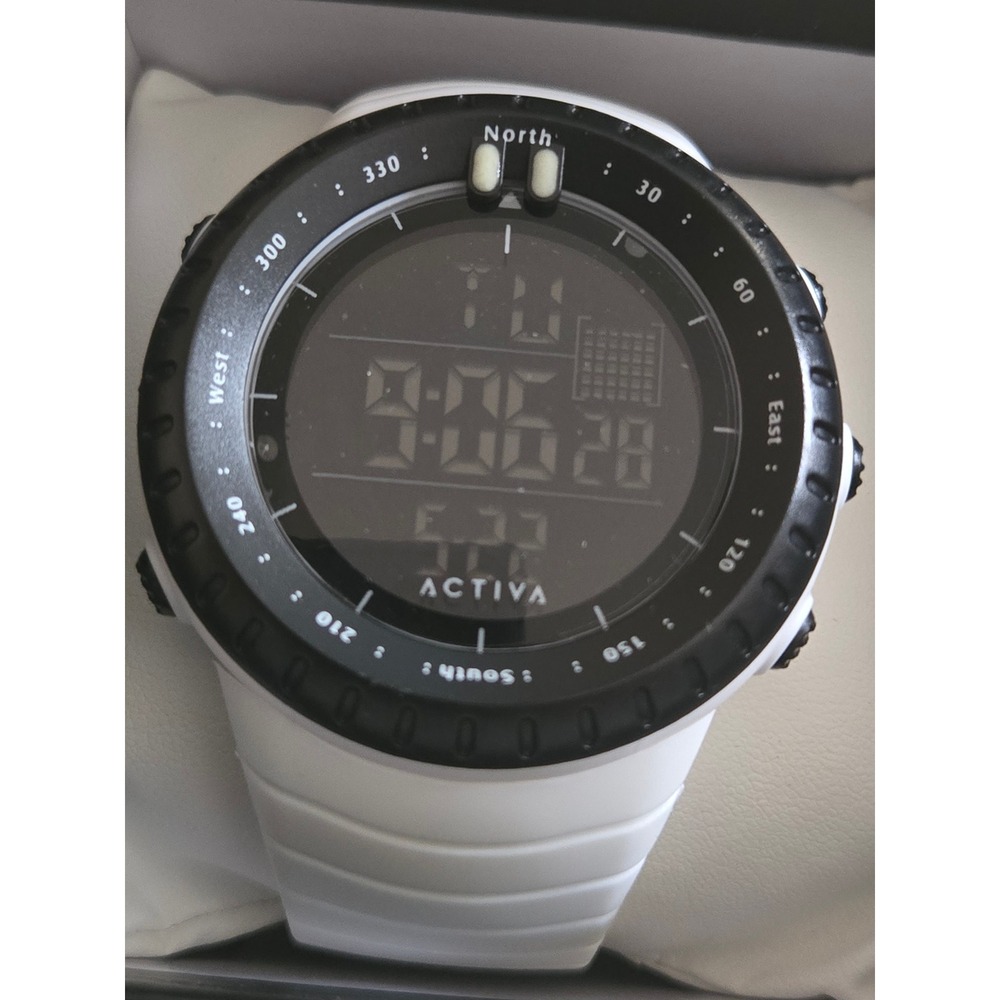 Activa Mens White Digital Sports Watch Black Bezel ACW1237-004 New with Box